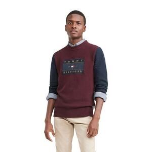 Tommy Hilfiger Men's Icon Colorblock Flag Sweater in Dark Cabernet SZ Medium